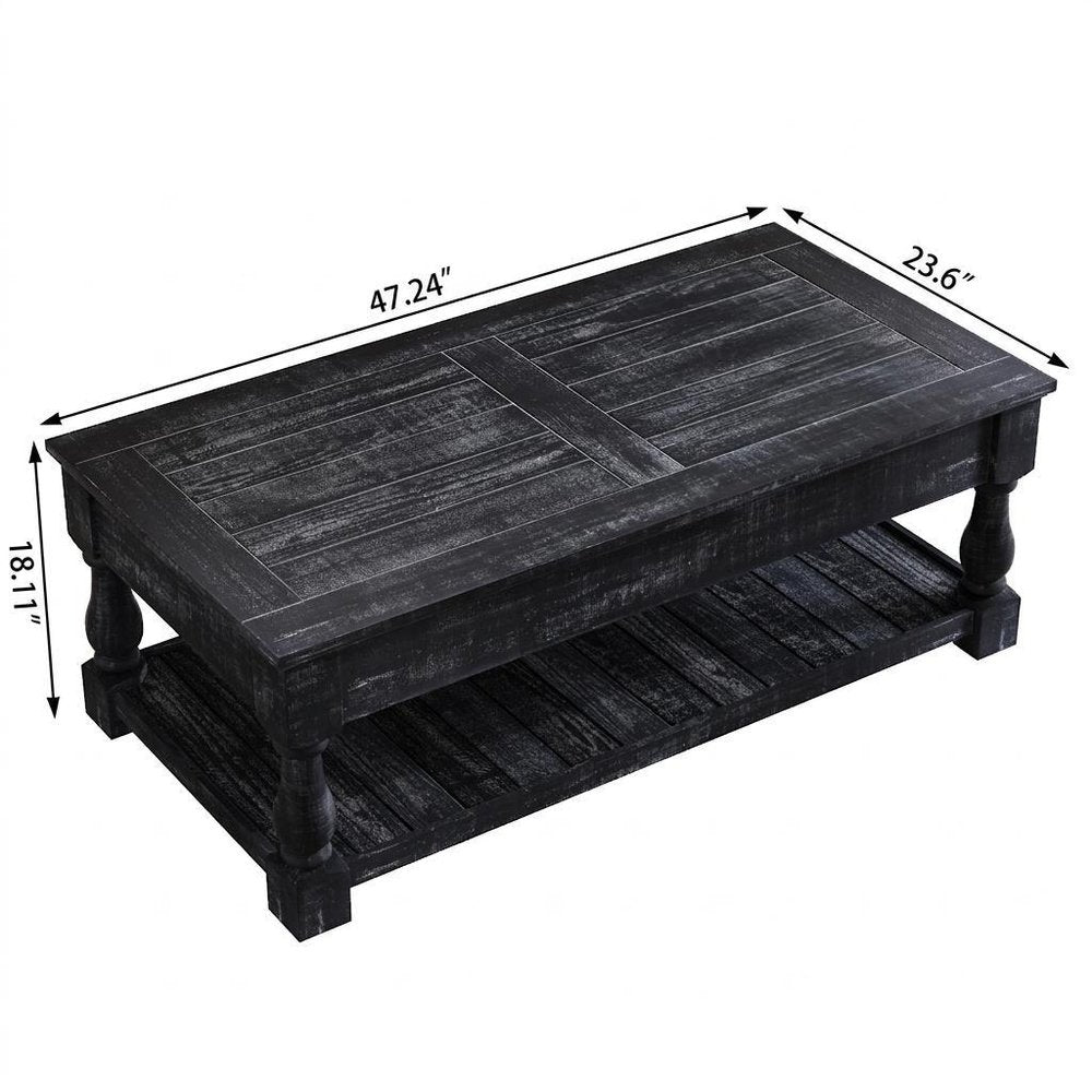 47" Black And Natural Wood And Solid Wood Square Pedestal Coffee Table — view 5