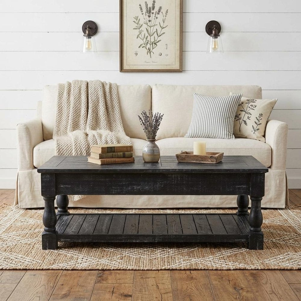 47" Black And Natural Wood And Solid Wood Square Pedestal Coffee Table HomeRoots