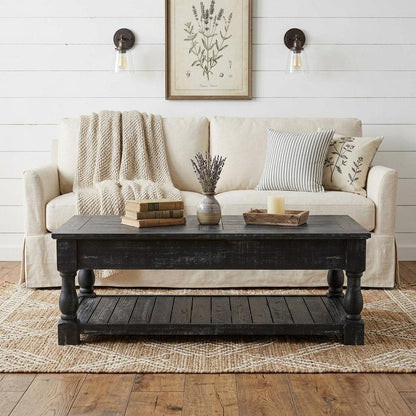 47" Black And Natural Wood And Solid Wood Square Pedestal Coffee Table HomeRoots