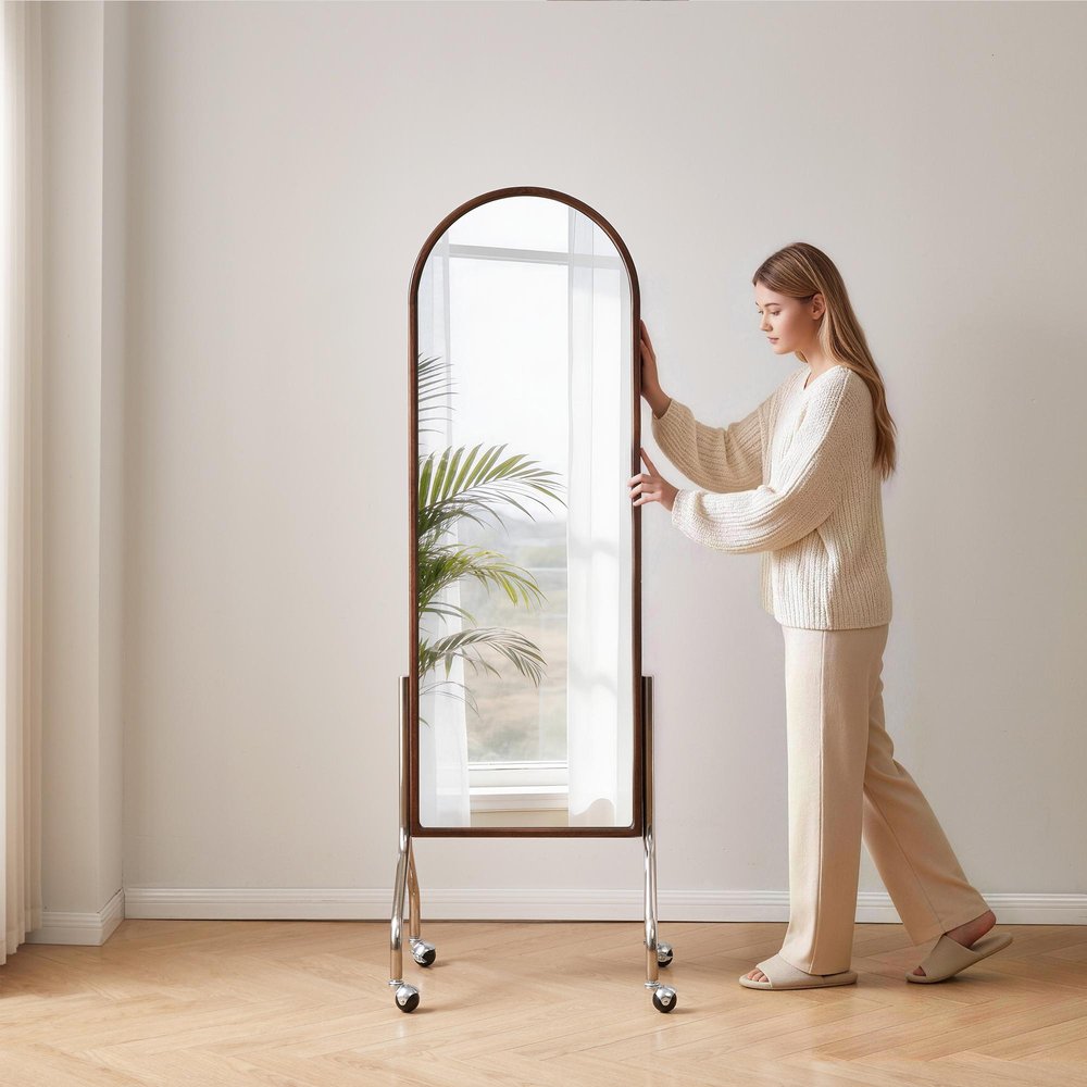 66" X 22" Walnut Wood Arch Freestanding Framed Full Length Hanging Mirror