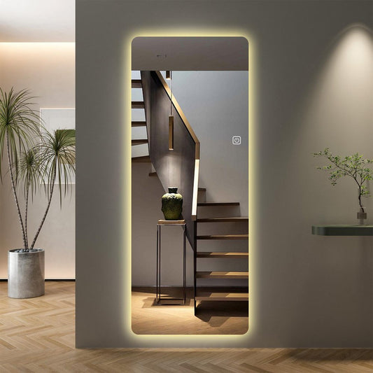 65" X 21" Silver Glass Lighted Freestanding Floating Framed Full Length Hanging Mirror