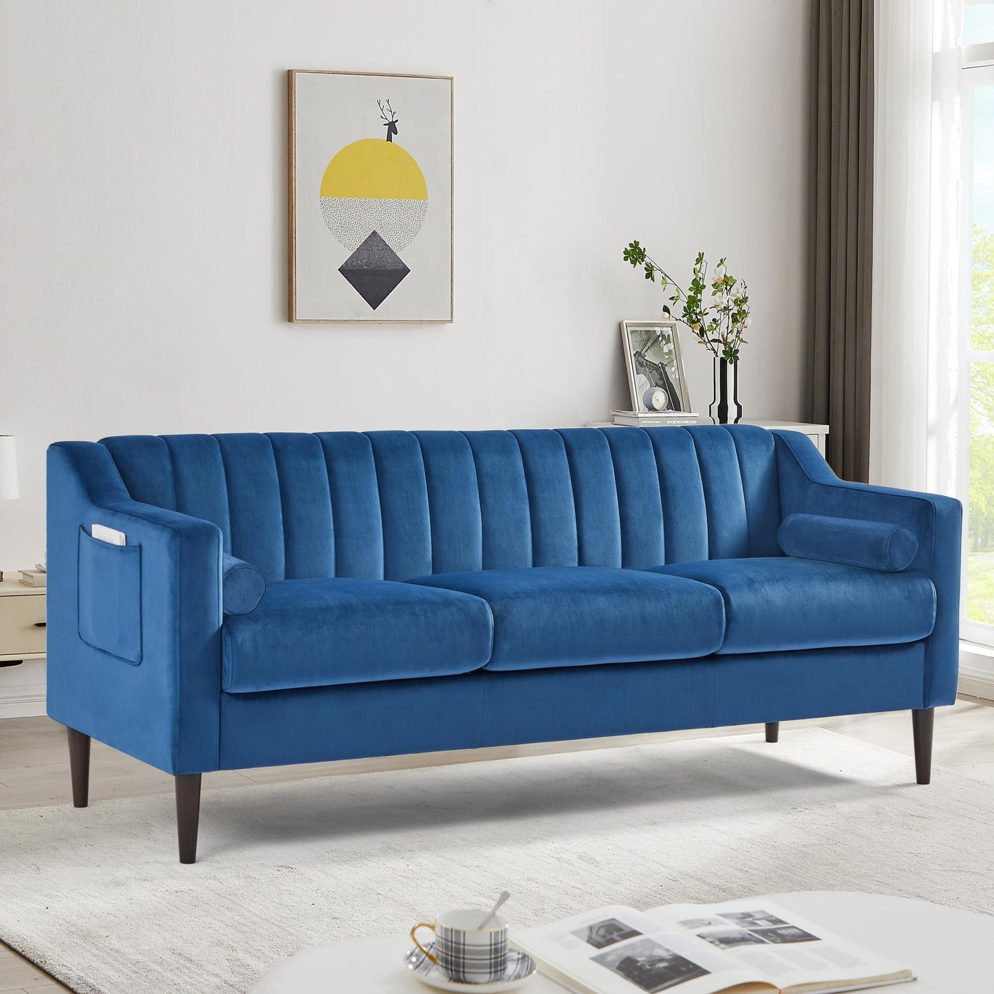 Modern Chesterfield sofa couch, Comfortable Upholstered sofa with Velvet Fabric and Wooden Frame and Wood Legs for Living Room/Bed Room/Office - - FurniFindUSA