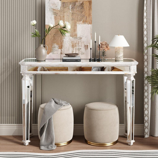 48" Silver Glass And Solid Wood Pedestal Console Table