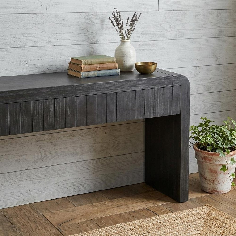 59" Natural Distressed Wood Pedestal Console Table With Two Drawers — view 7