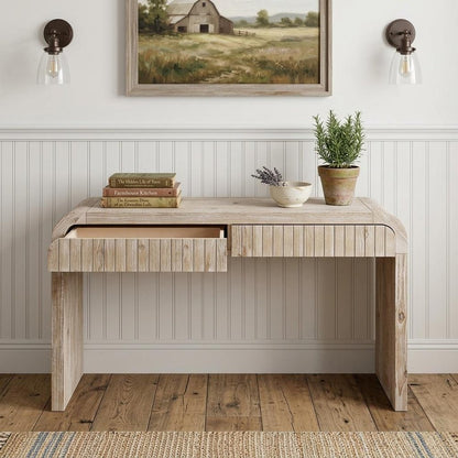 59" Natural Distressed Wood Pedestal Console Table With Two Drawers
