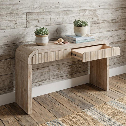 59" Natural Distressed Wood Pedestal Console Table With Two Drawers