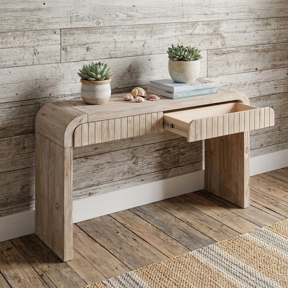 59" Natural Distressed Wood Pedestal Console Table With Two Drawers HomeRoots