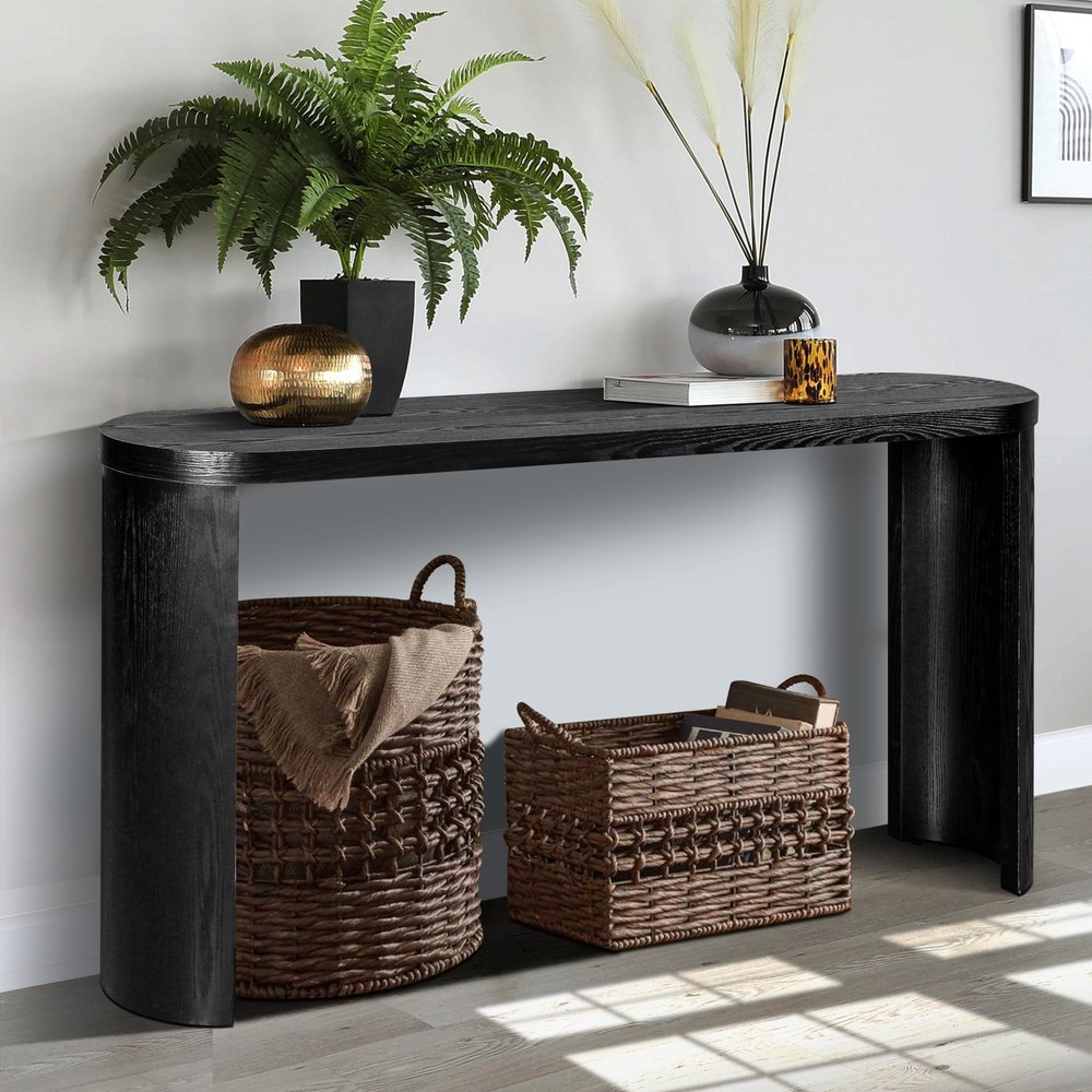 60" Black Wood Oval Pedestal Console Table — view 1