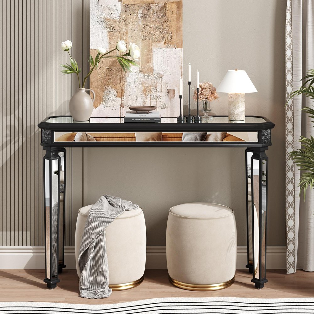 48" Silver Glass And Solid Wood Pedestal Console Table — view 8