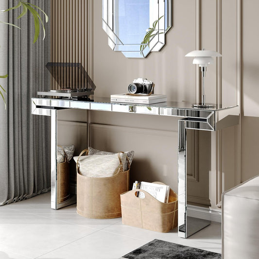 60" Silver Glass And Solid Wood Pedestal Console Table