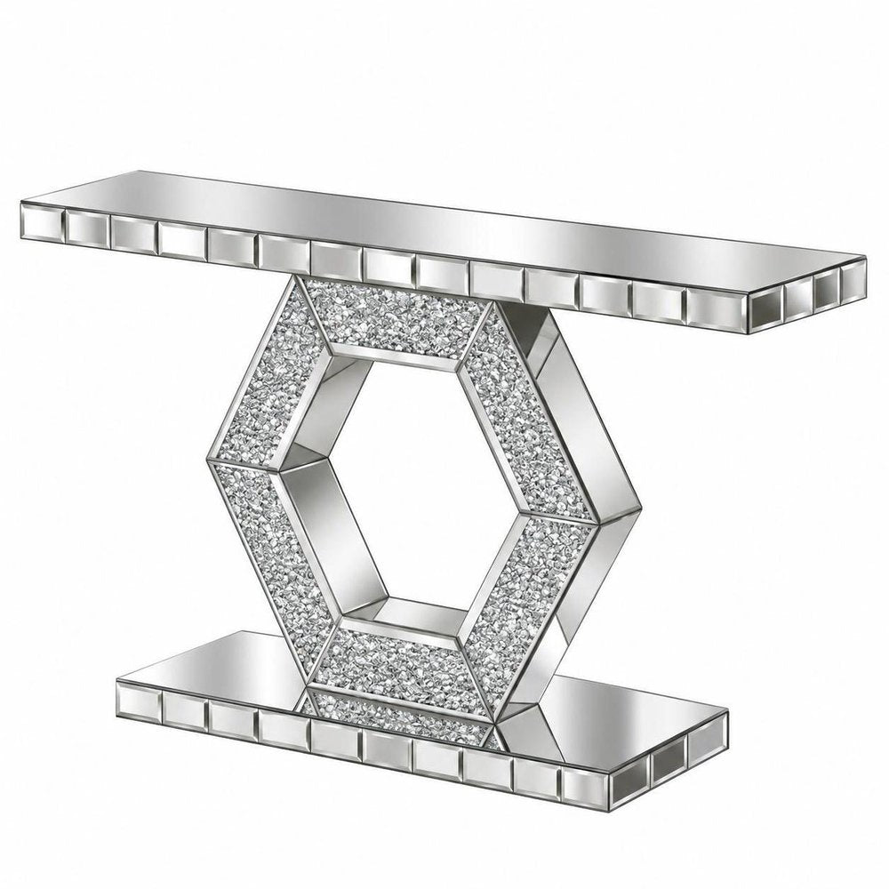 55" Silver Wood Glass And Solid Wood Pedestal Console Table — view 3