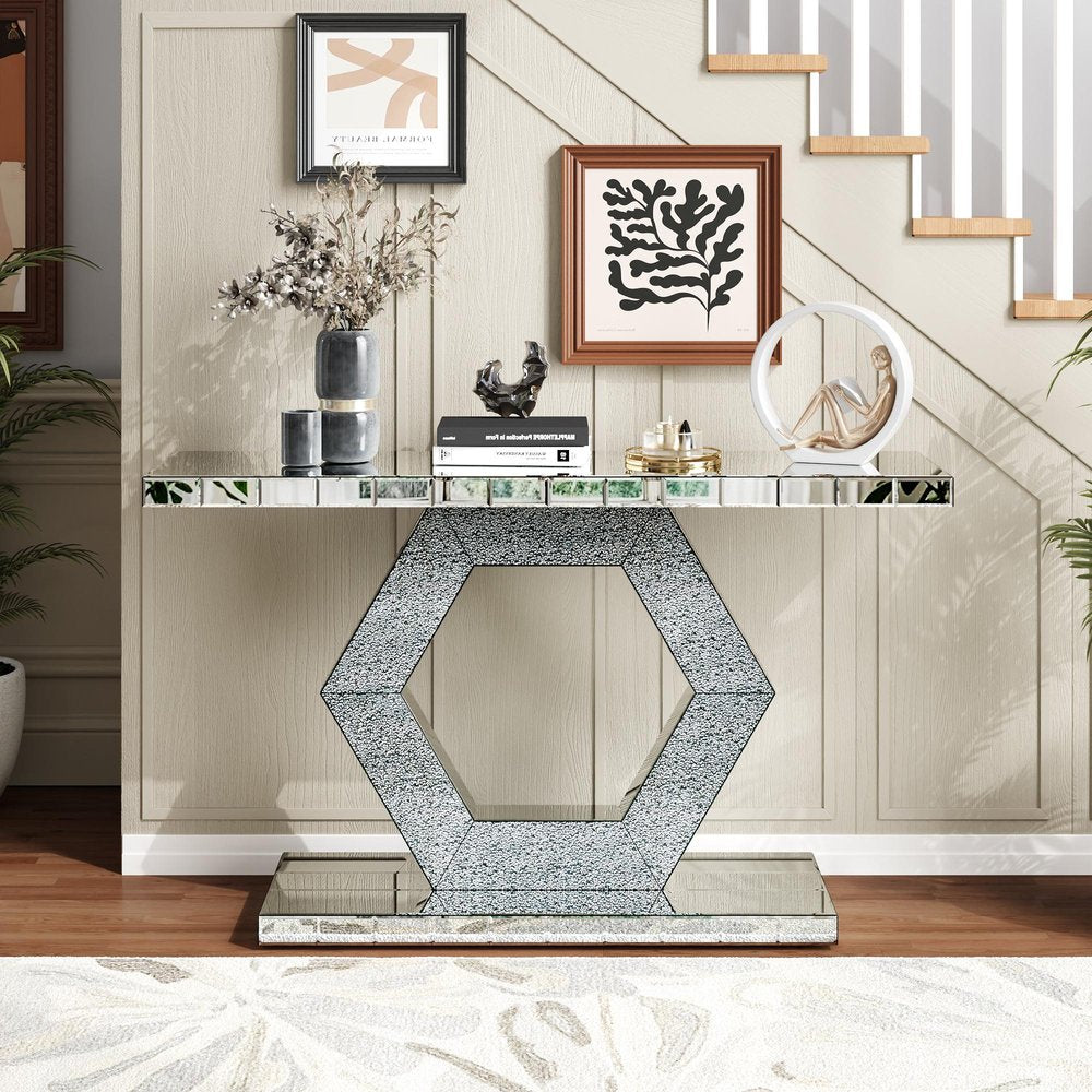 55" Silver Wood Glass And Solid Wood Pedestal Console Table — view 1