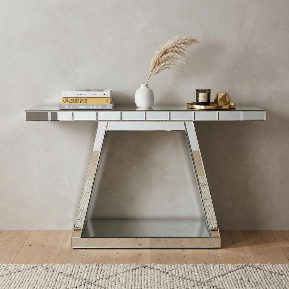 56" Silver Mirrored Glass Geometric Pedestal Console Table — view 6