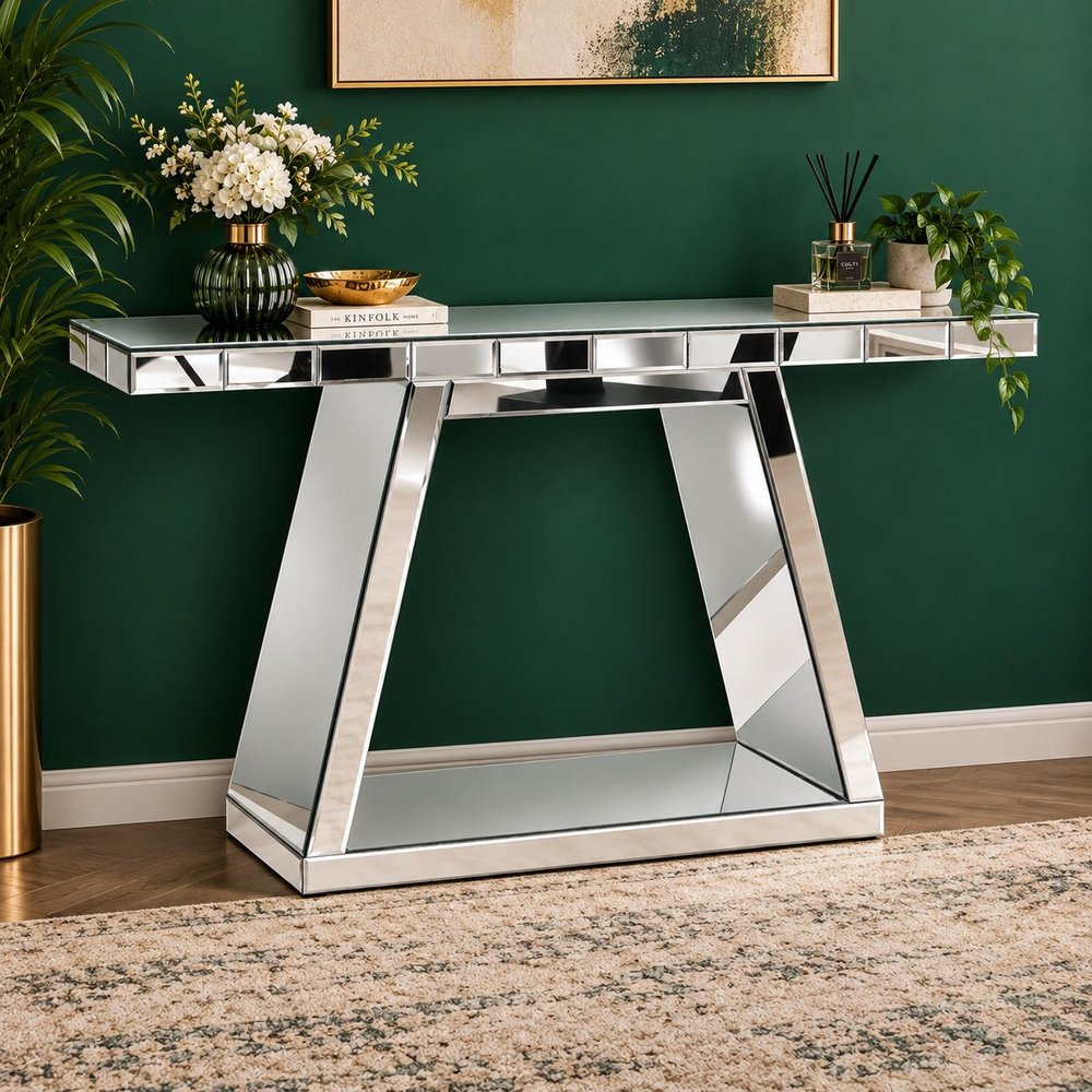 56" Silver Mirrored Glass Geometric Pedestal Console Table HomeRoots