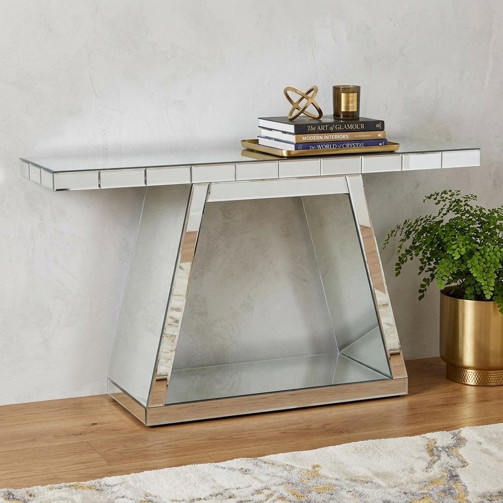 56" Silver Mirrored Glass Geometric Pedestal Console Table — view 8