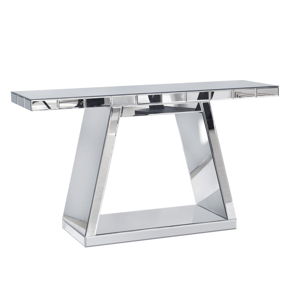 56" Silver Mirrored Glass Geometric Pedestal Console Table — view 1