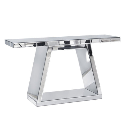 56" Silver Mirrored Glass Geometric Pedestal Console Table