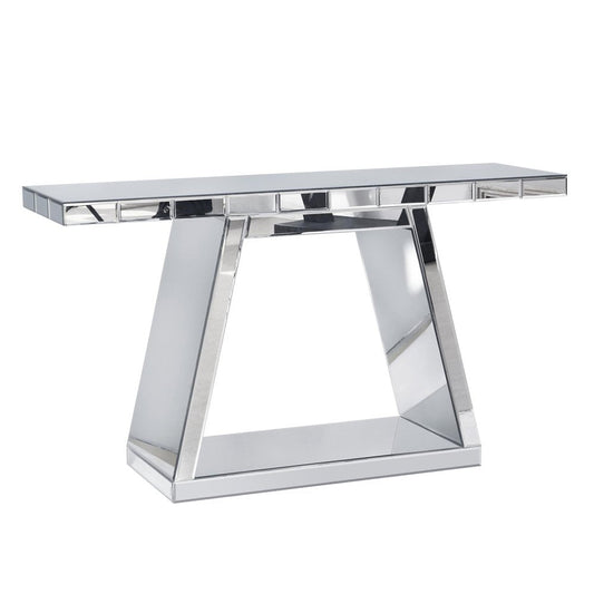 56" Silver Mirrored Glass Geometric Pedestal Console Table