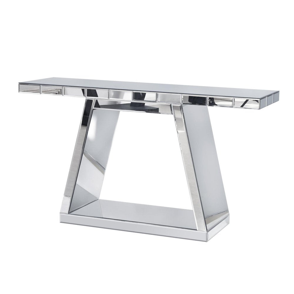 56" Silver Mirrored Glass Geometric Pedestal Console Table