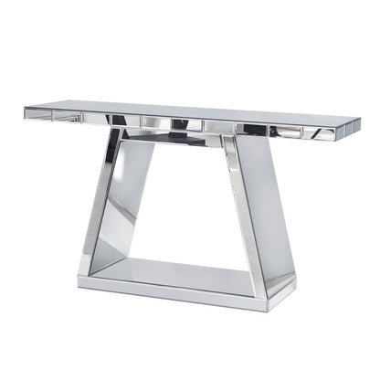 56" Silver Mirrored Glass Geometric Pedestal Console Table