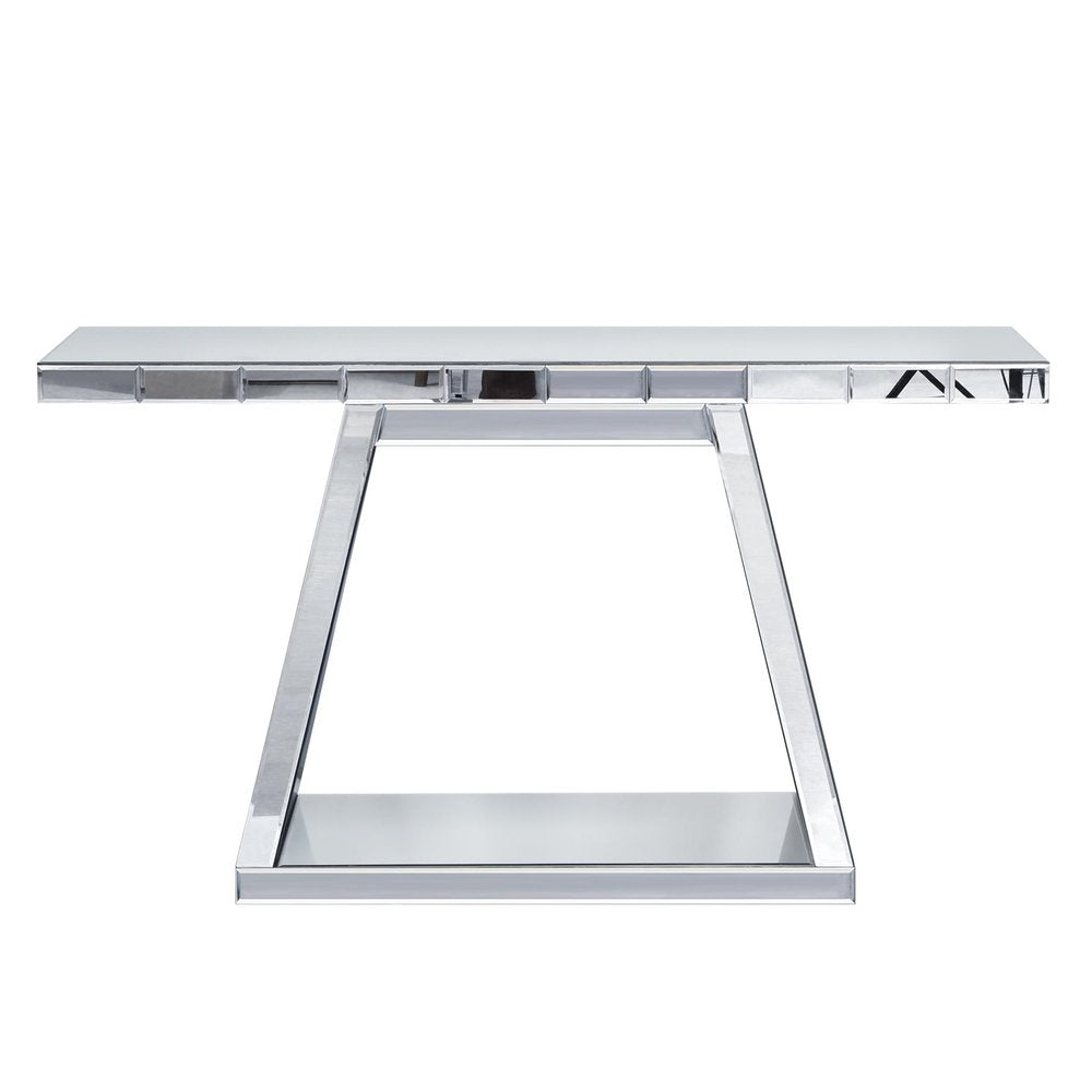 56" Silver Mirrored Glass Geometric Pedestal Console Table
