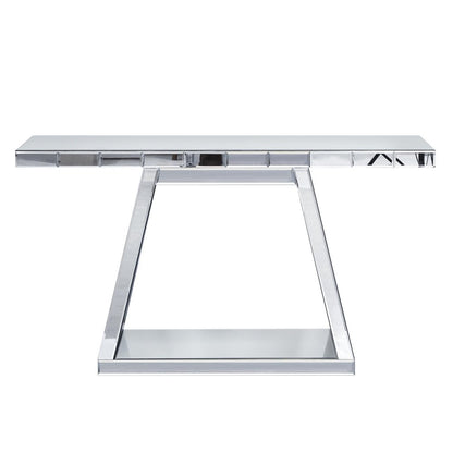 56" Silver Mirrored Glass Geometric Pedestal Console Table