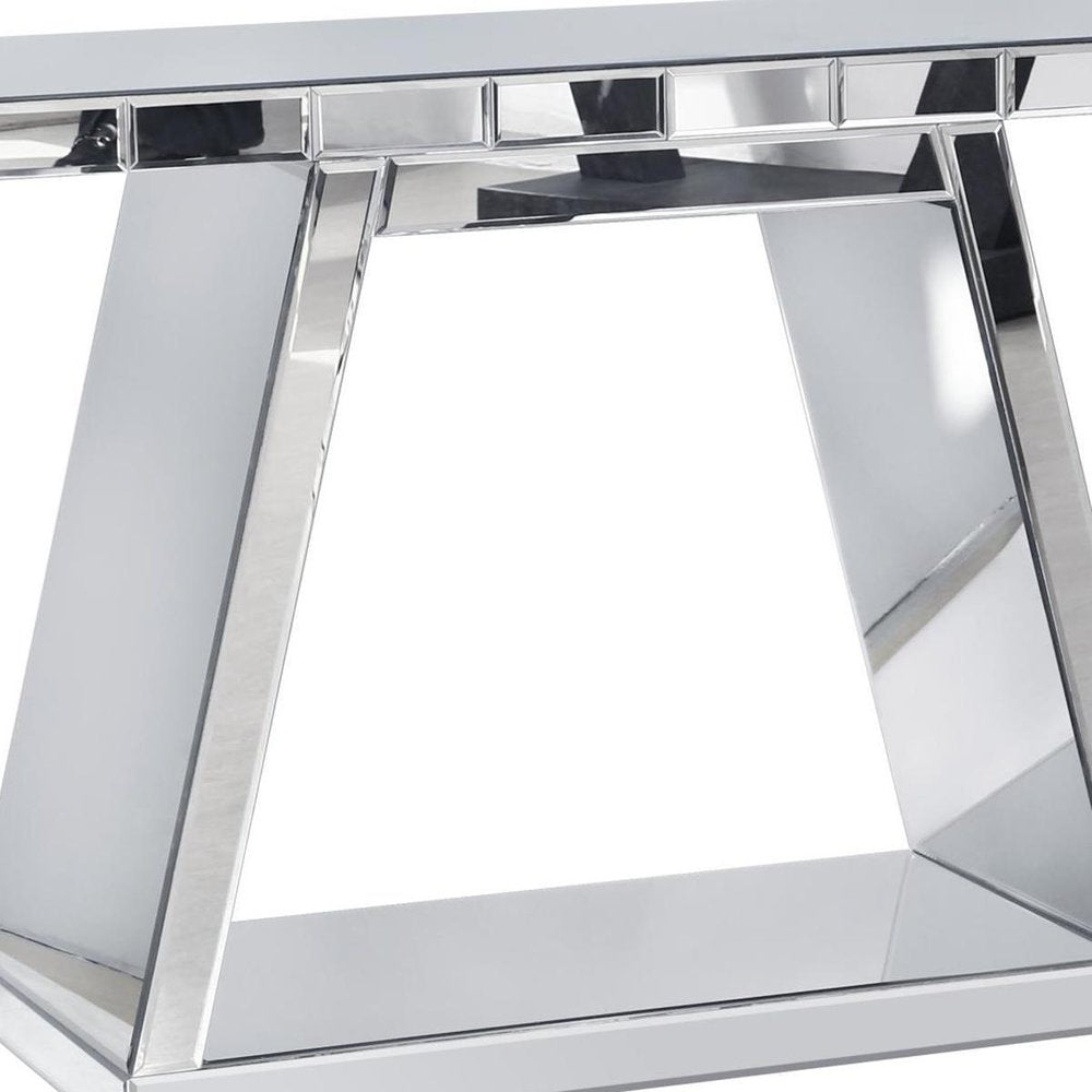 56" Silver Mirrored Glass Geometric Pedestal Console Table — view 4