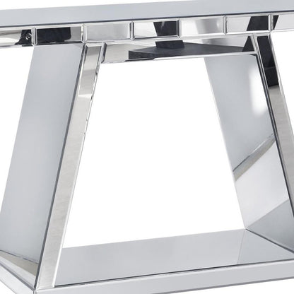 56" Silver Mirrored Glass Geometric Pedestal Console Table
