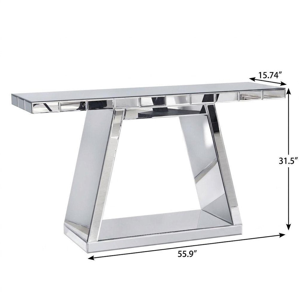 56" Silver Mirrored Glass Geometric Pedestal Console Table — view 5