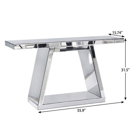 56" Silver Mirrored Glass Geometric Pedestal Console Table