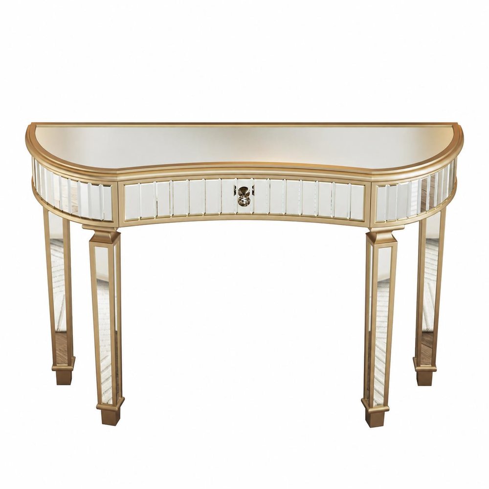 47" Gold And Silver Mirrored Glass And Solid Wood Half Moon Console Table With Drawer HomeRoots