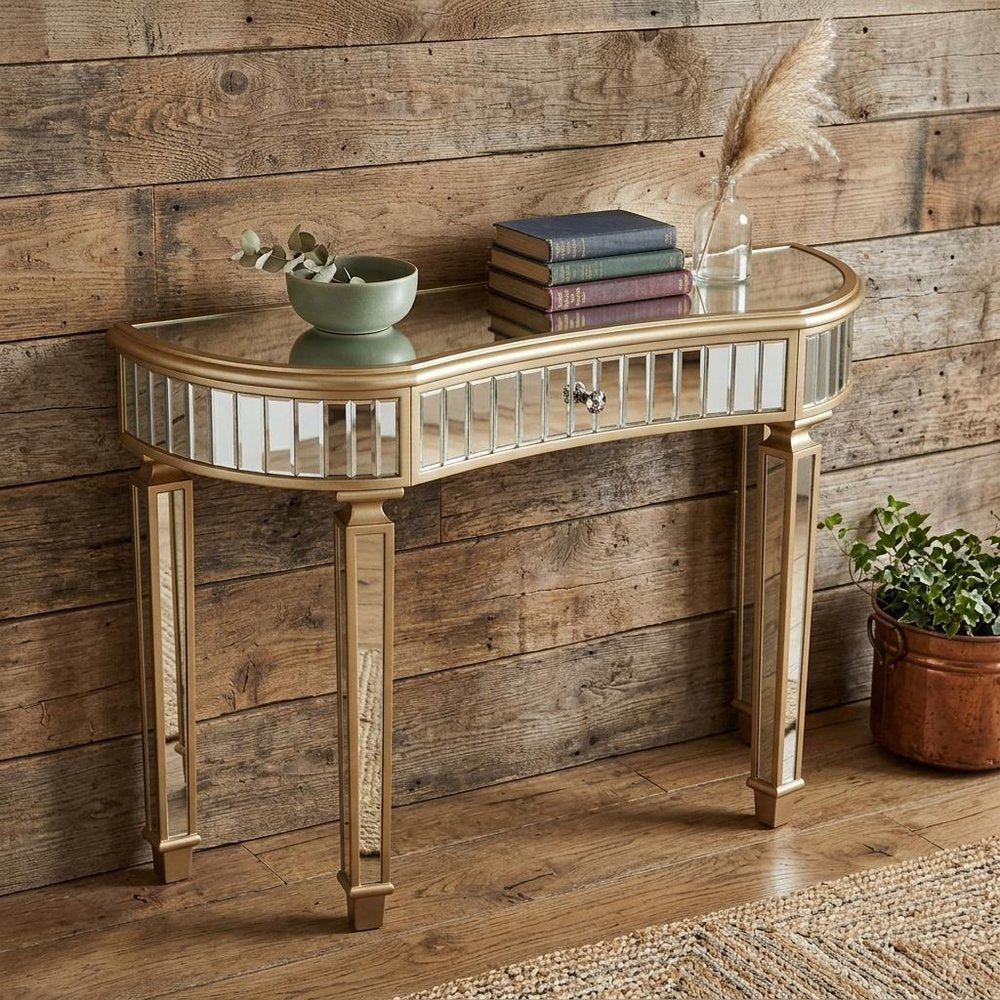 47" Gold And Silver Mirrored Glass And Solid Wood Half Moon Console Table With Drawer HomeRoots