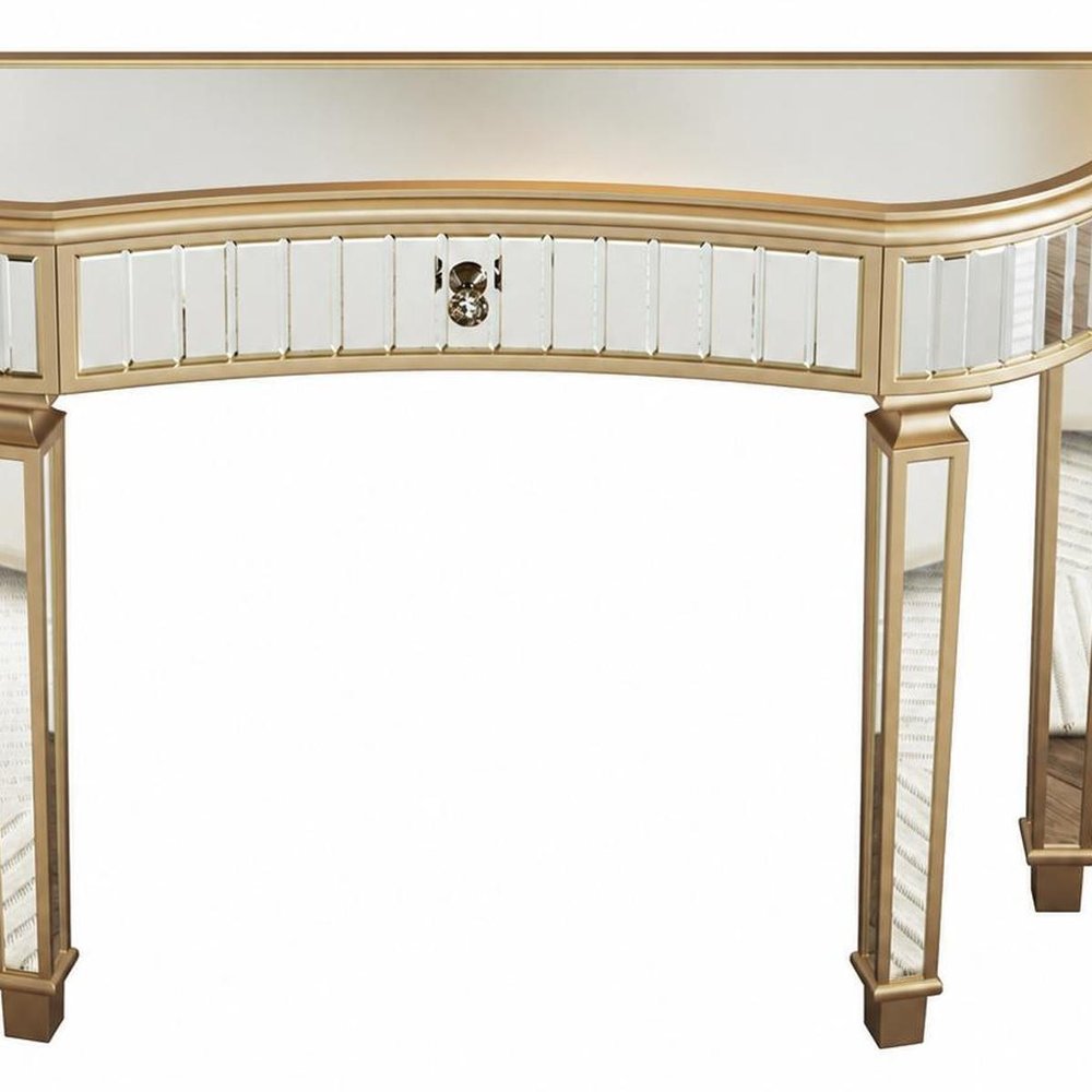 47" Gold And Silver Mirrored Glass And Solid Wood Half Moon Console Table With Drawer — view 4