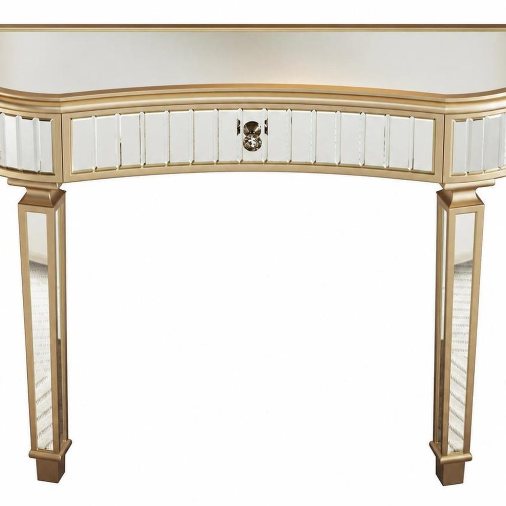 47" Gold And Silver Mirrored Glass And Solid Wood Half Moon Console Table With Drawer — view 5