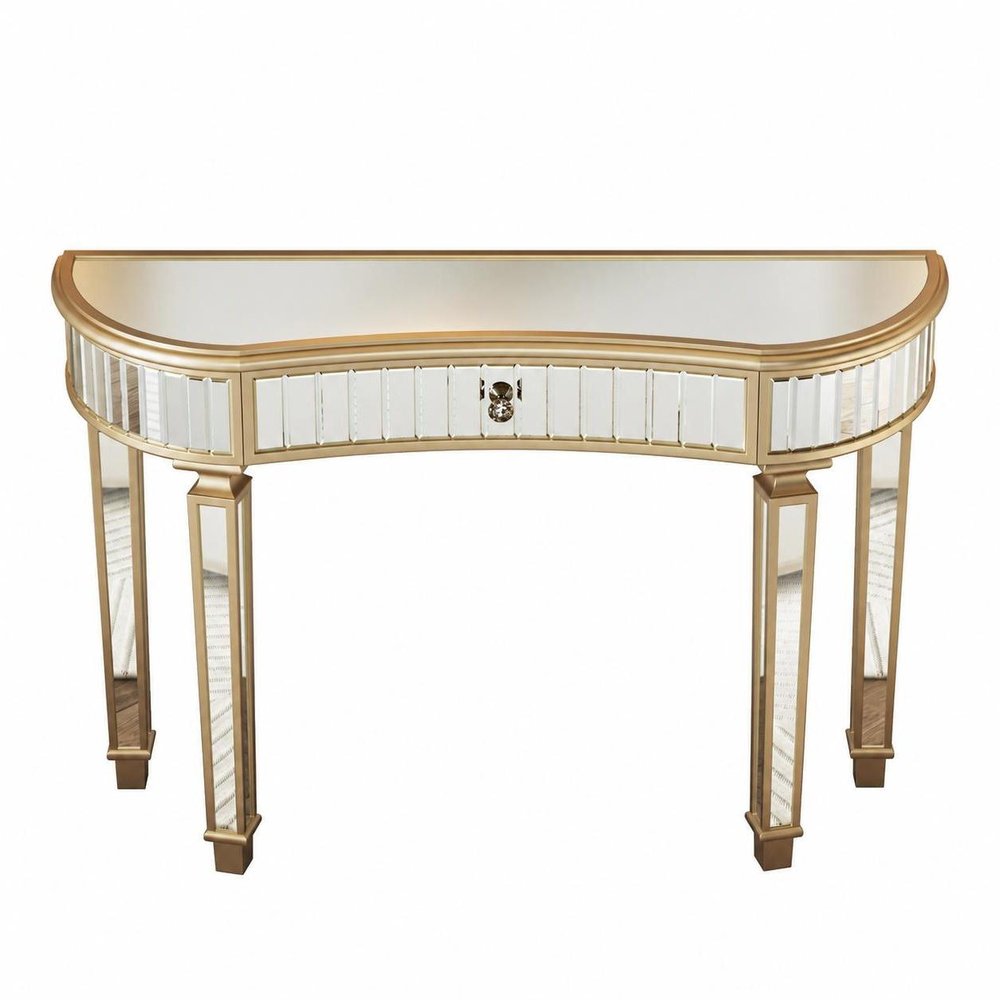 47" Gold And Silver Mirrored Glass And Solid Wood Half Moon Console Table With Drawer HomeRoots
