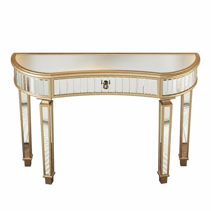 47" Gold And Silver Mirrored Glass And Solid Wood Half Moon Console Table With Drawer HomeRoots