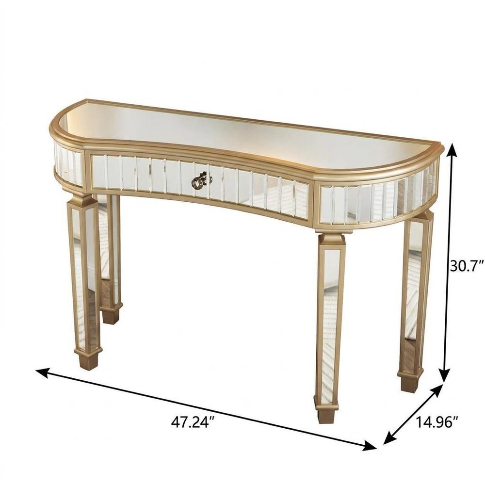 47" Gold And Silver Mirrored Glass And Solid Wood Half Moon Console Table With Drawer — view 7