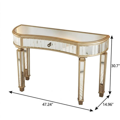 47" Gold And Silver Mirrored Glass And Solid Wood Half Moon Console Table With Drawer HomeRoots