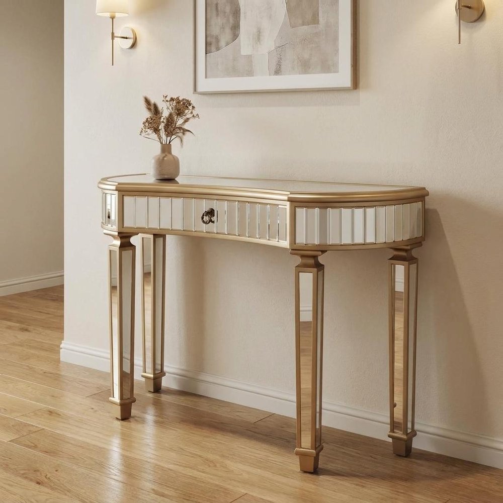 47" Gold And Silver Mirrored Glass And Solid Wood Half Moon Console Table With Drawer HomeRoots