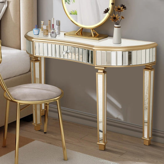 47" Gold And Silver Mirrored Glass And Solid Wood Half Moon Console Table With Drawer