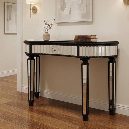 47" Gold And Silver Mirrored Glass And Solid Wood Half Moon Console Table With Drawer HomeRoots