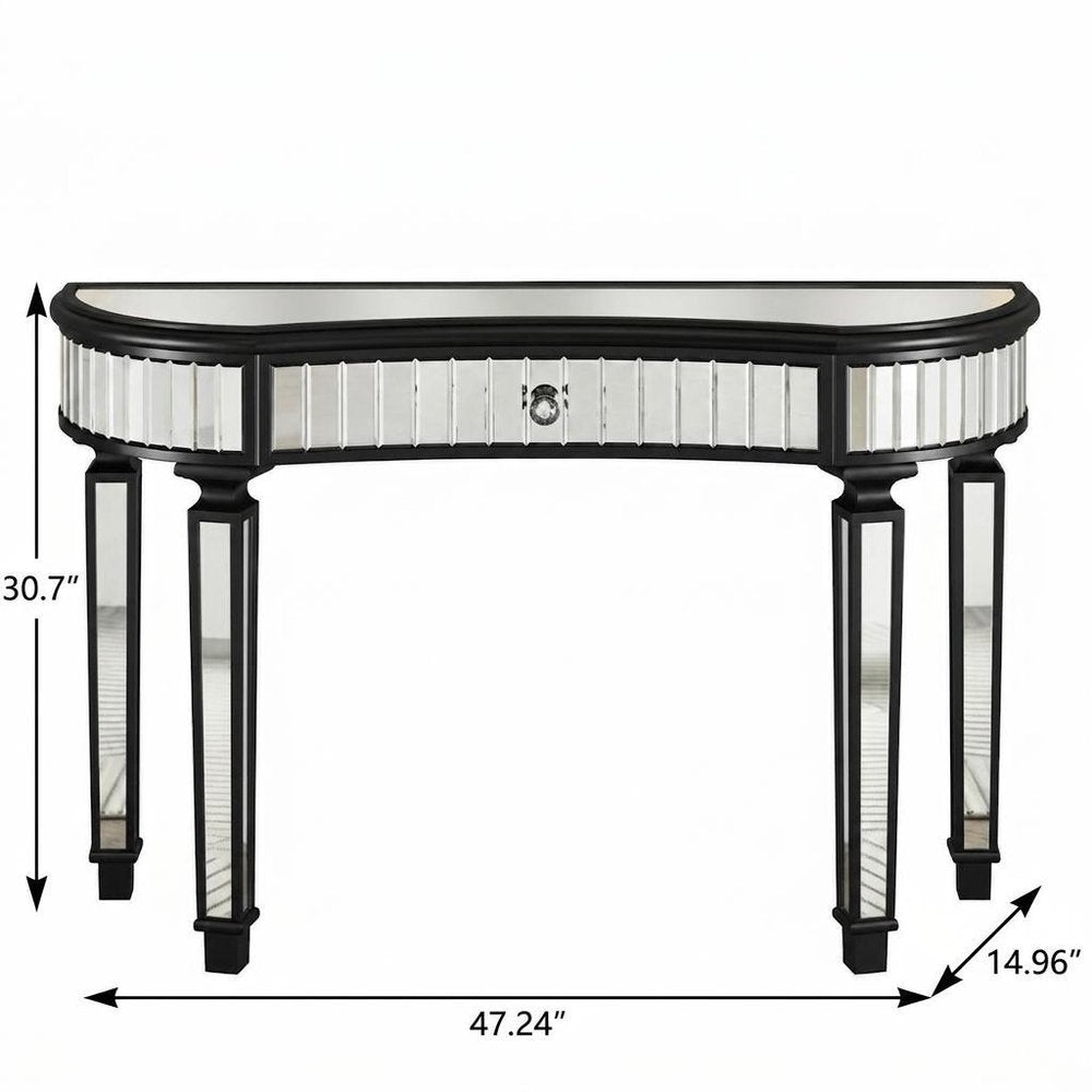 47" Gold And Silver Mirrored Glass And Solid Wood Half Moon Console Table With Drawer — view 15