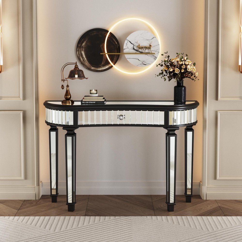 47" Gold And Silver Mirrored Glass And Solid Wood Half Moon Console Table With Drawer HomeRoots