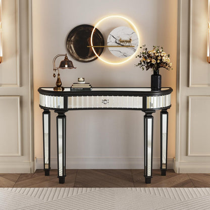 47" Gold And Silver Mirrored Glass And Solid Wood Half Moon Console Table With Drawer HomeRoots
