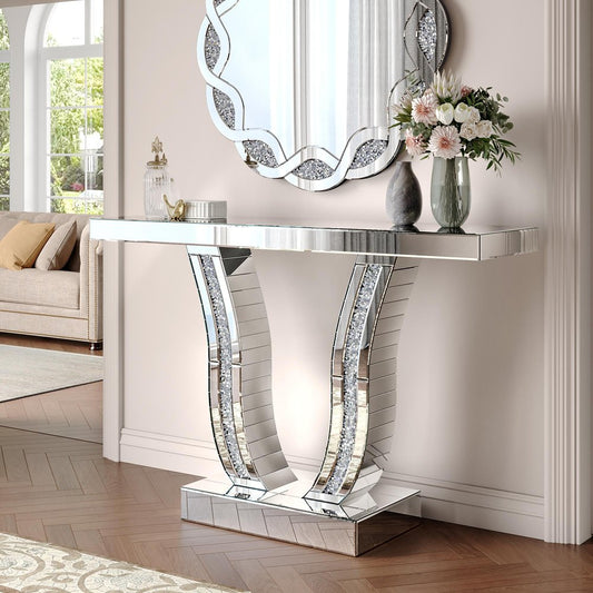 43" Silver Wood Glass Solid Wood Faux Crystal And Stone Pedestal Console Table
