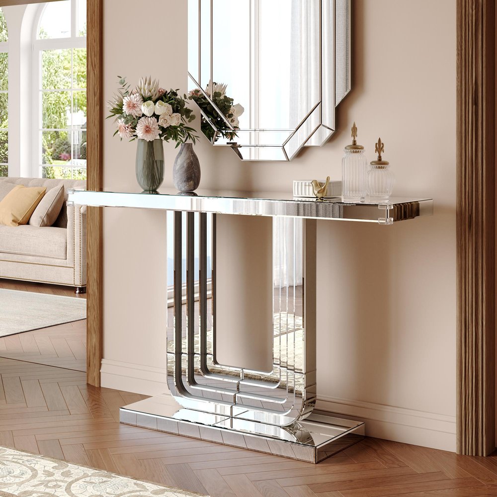 47" Silver Glass And Solid Wood Sled Console Table HomeRoots