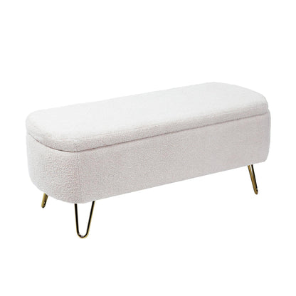 Ivory White Storage Ottoman Bench for End of Bed Gold Legs - FurniFindUSA