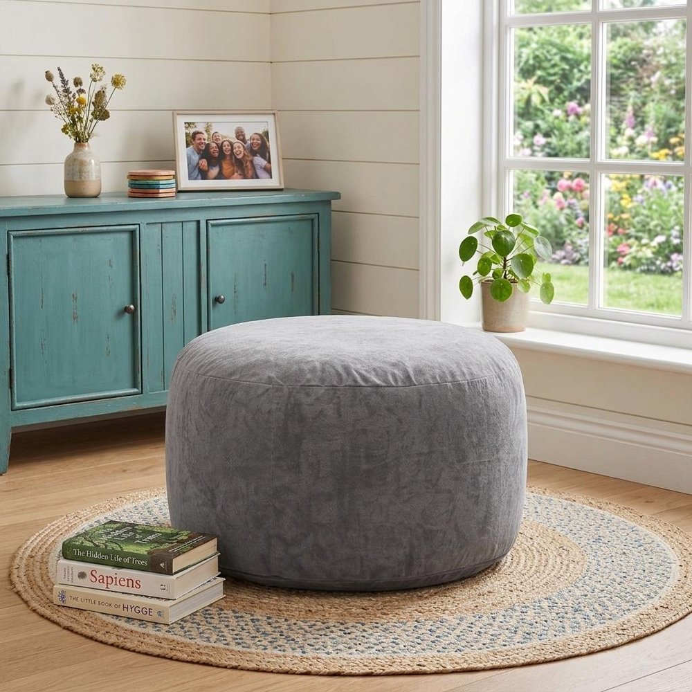 35" Gray Upholstered Bean Bag Chair — view 1