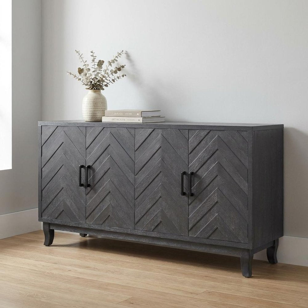 60" Gray Wood Carved Chevron Sideboard With Two Doors HomeRoots
