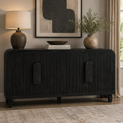 59" Black Distressed Wood Paneled Sideboard With Four Doors HomeRoots